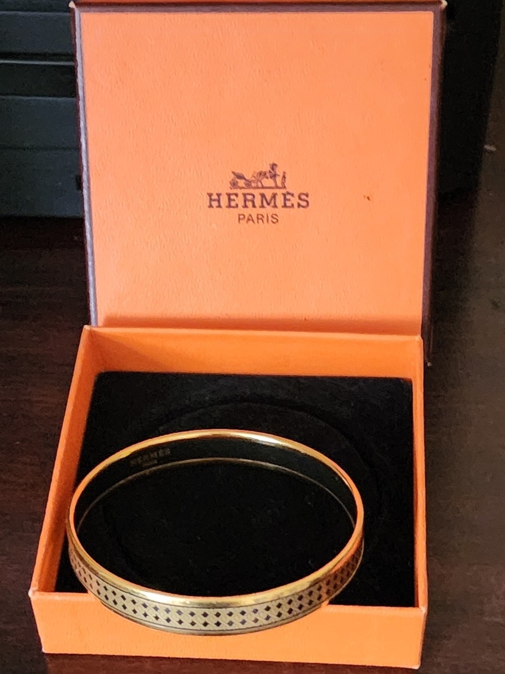 Hermes Pm Gold & Black Enamel Bangle Bracelet Approx 7.7in With Box